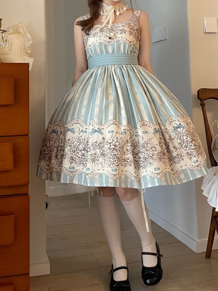 Clock Print and Short Blue Version Lolita Classic Floral Skirt Jumper