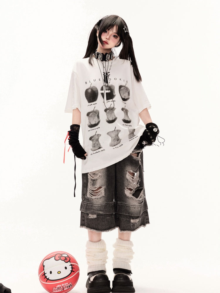 Tシャツ ホワイト ラウンドネック アップルプリント ルーズ