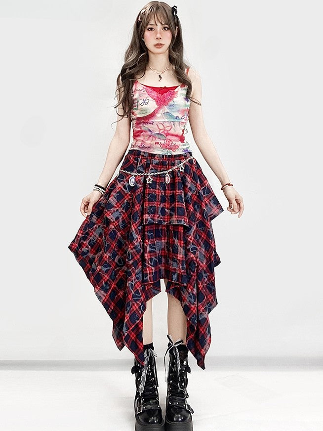 Y2K Hem BlackRed Plaid Pattern Skirt Handkerchief