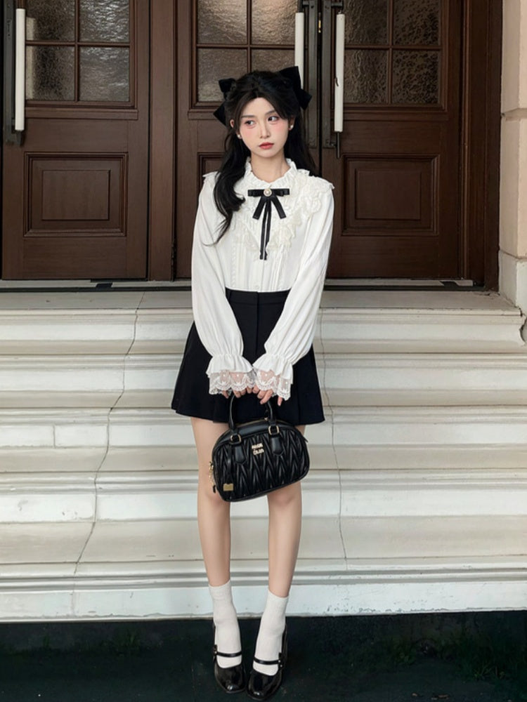 詳細 ブラウス ホワイト シフォン レーストリム 蝶結び フリル