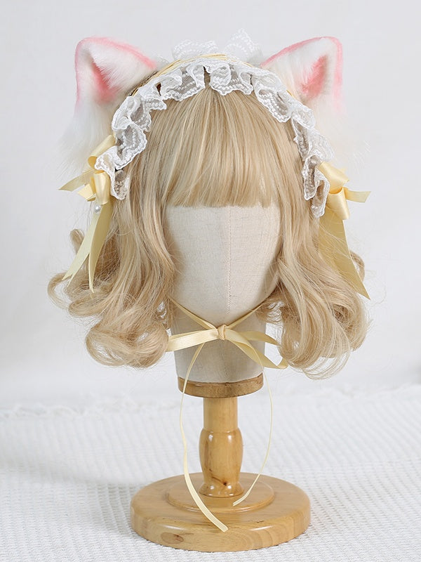 5 Lolita Hairband Bowknot Ears Pink With Cat Detachable Cute Lace Colors