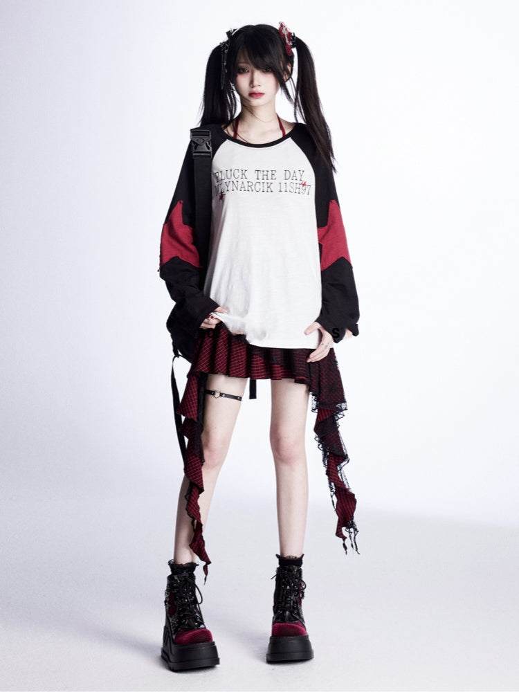 Lockere Oberteilärmel, schwarz-weißes Colorblock-Design, Sternapplikationen