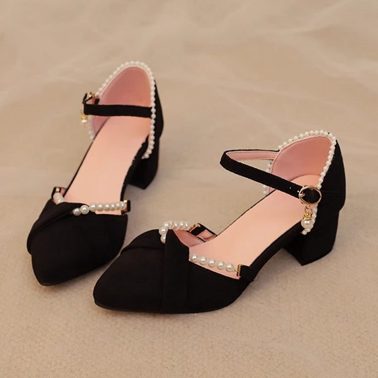 Decor Chain Shoes Intricate Qi Pointed with Toe Black - Heel Mid Beaded Sandals Lolita Detachable Back Suede