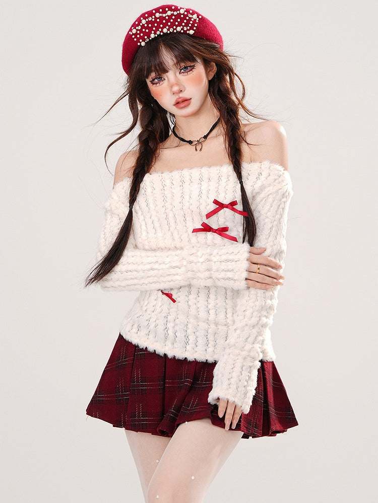 ホワイトのリボンディテール、オフショルダーネックラインセーター