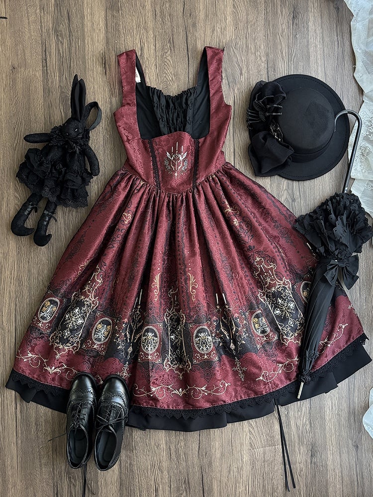 Candelabras Bat Drawstring Lolita Wings JSK Gothic Red Print Dress