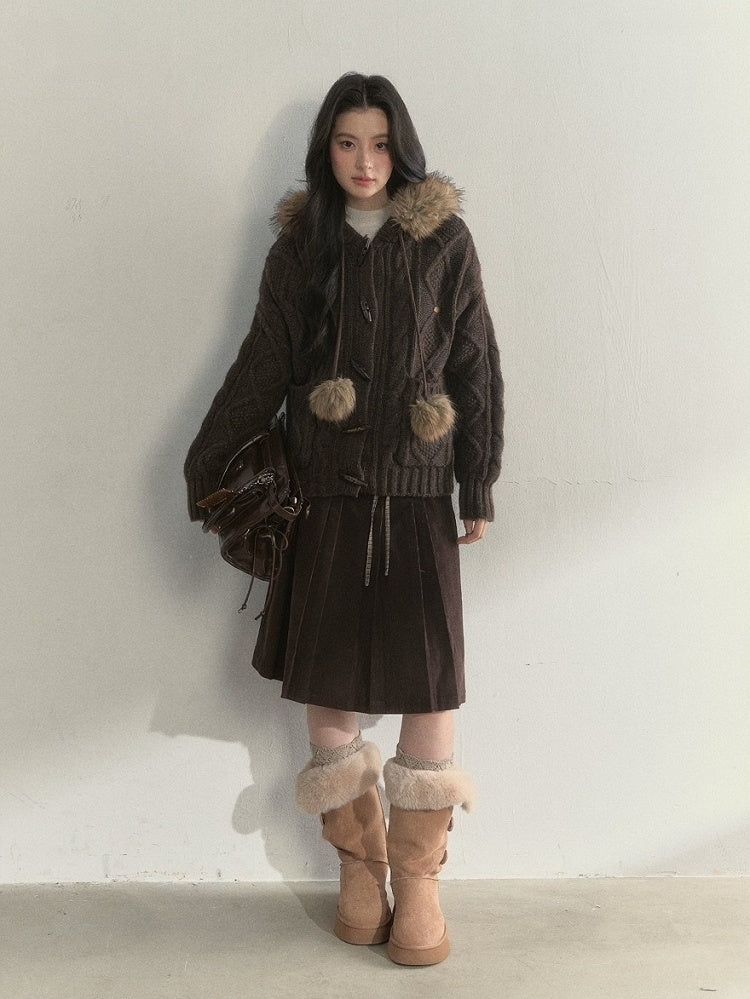 Pleated Waistband Brown Double Vintage Chestnut Skirt with