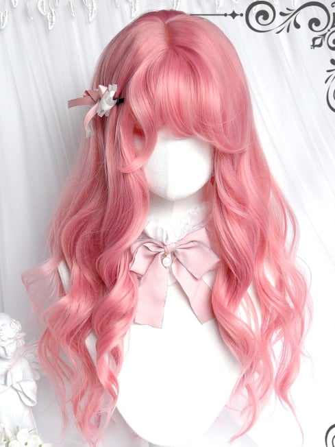 65cm Wavy Wigs With Bangs Pink Long