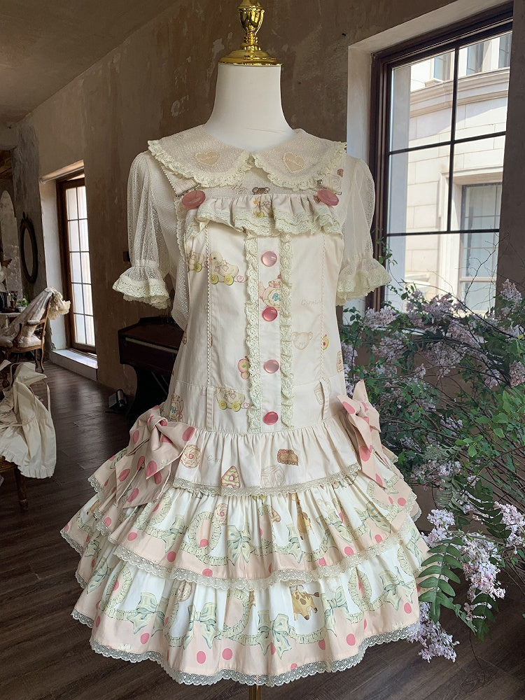 Print Dress Sweet with Waist Tiered Dropped Toys Hood Ears Skirt Bear Lolita Overall