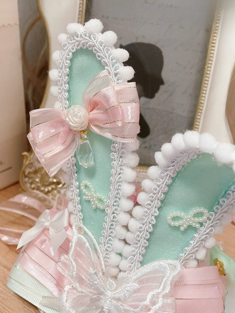 Hat Mini Lolita Bunny GreenPink Ears Butterfly Details Decorated Sweet Bowknot