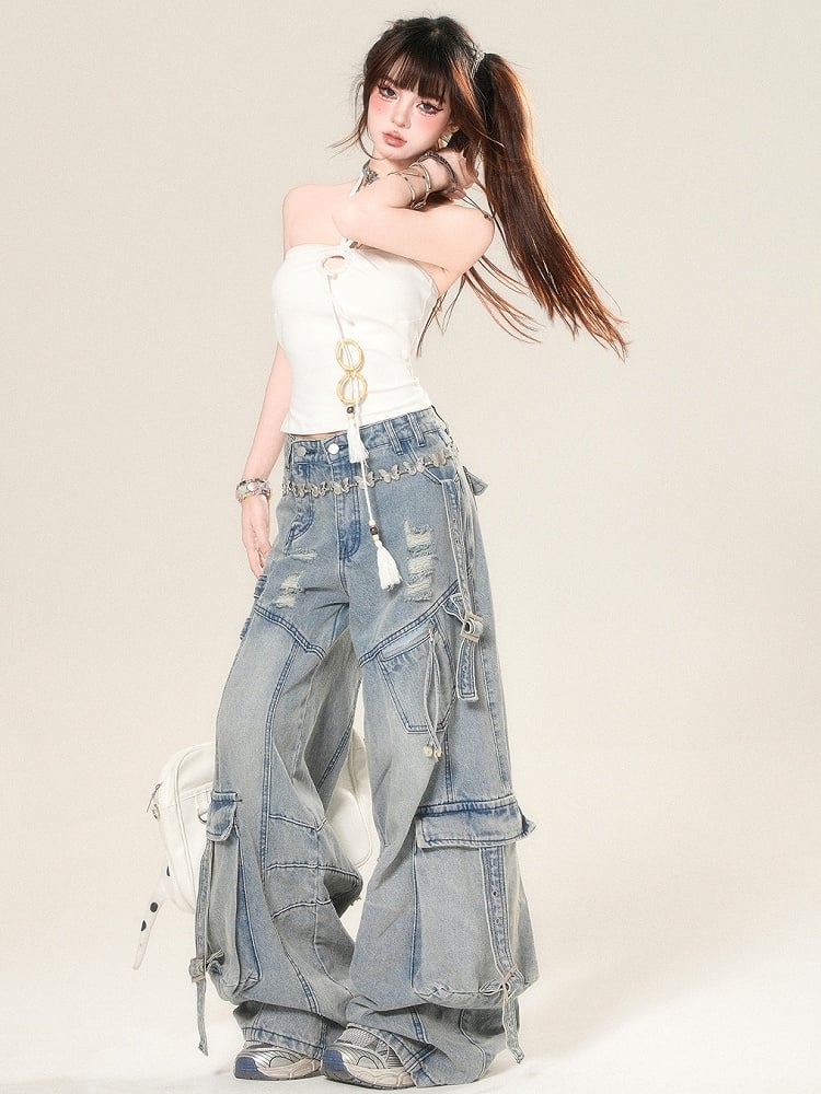 Straps Neck Tassel Top White Halter Glamorous