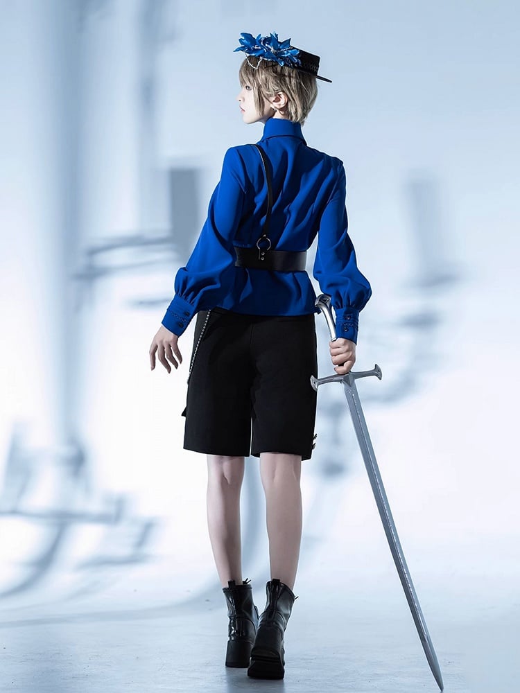 クライン グレー ブルー&ポイントカラー ロングシャツ プリーツ フォールドオーバー ディテール レース/プリンススリーブ