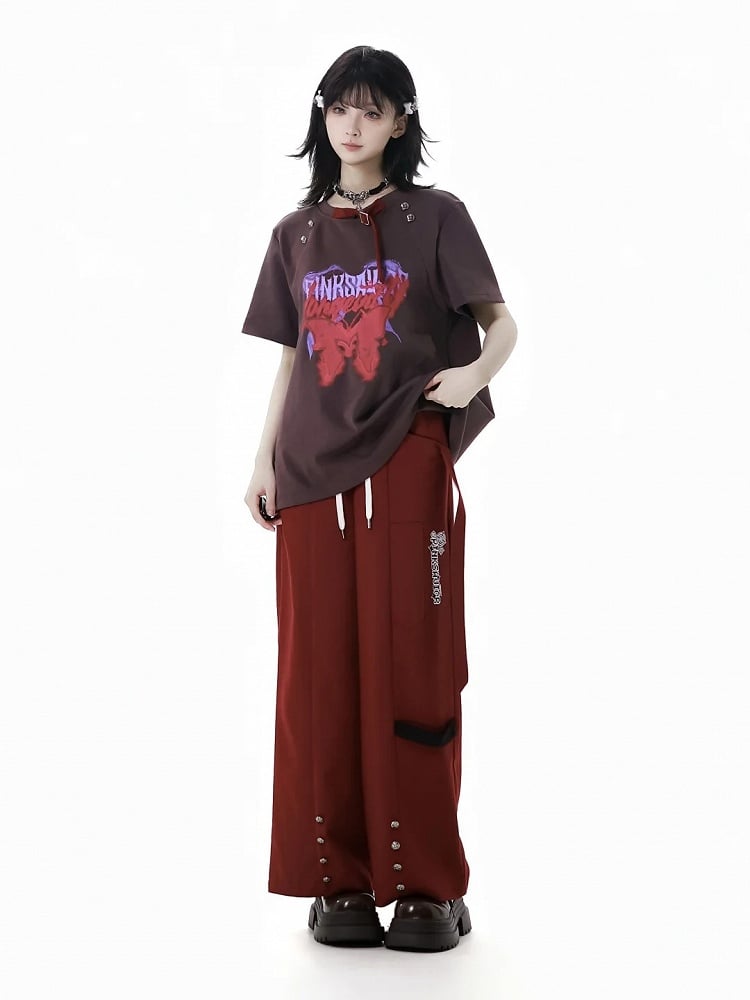 Buckle T-Shirt Red and Gray Round Neck Metal Butterfly Print Stud Details