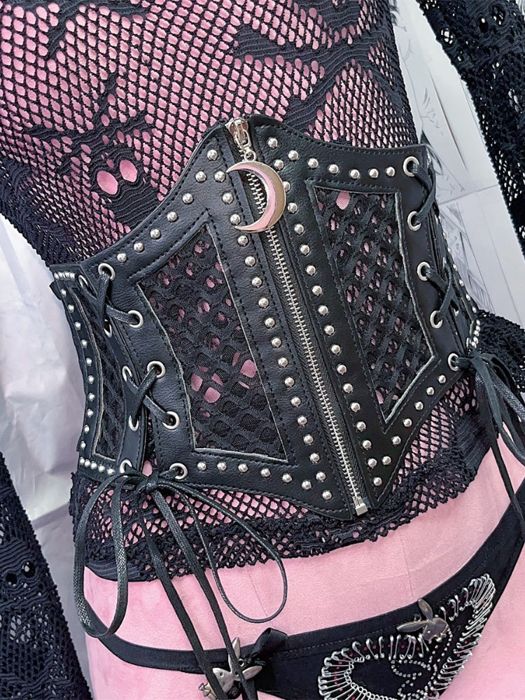 Korsettgürtel mit Schnürdetail und Halbmond-Reißverschluss, schwarz, Punk-Taille