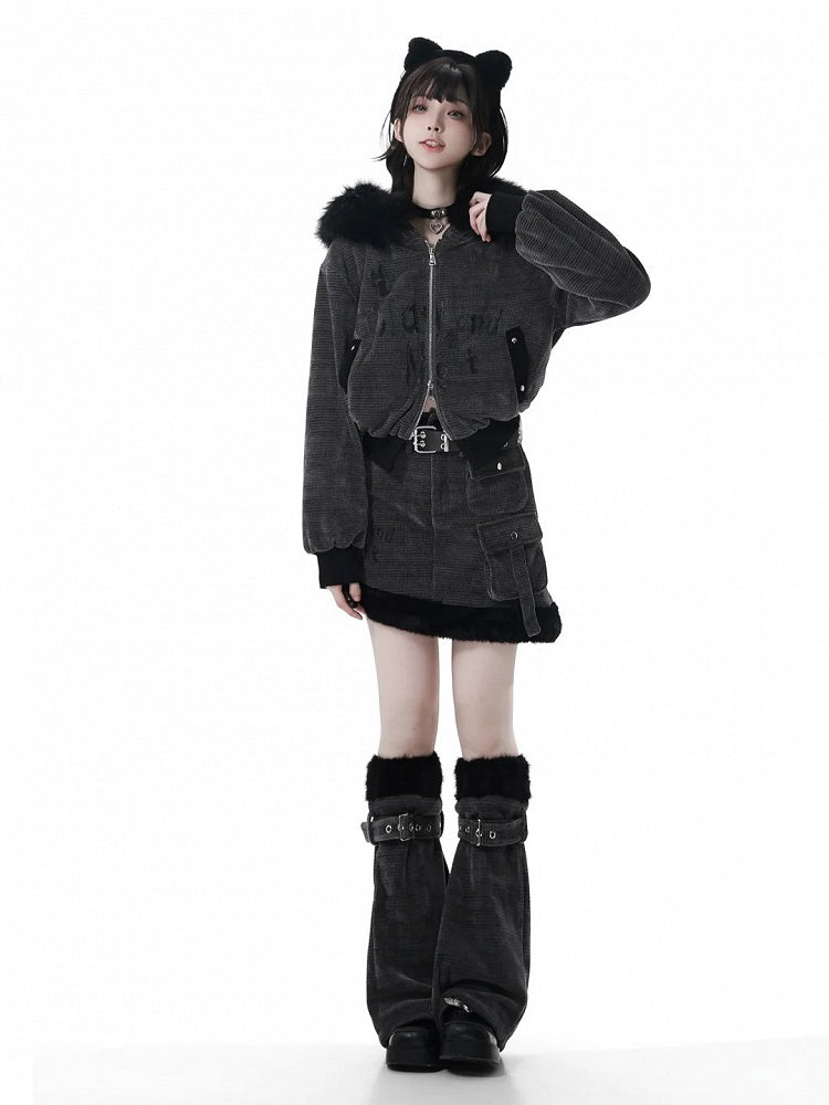 Gray Cargo Plush Detail Skirt Dark with Asymmetrical and Hem Pockets