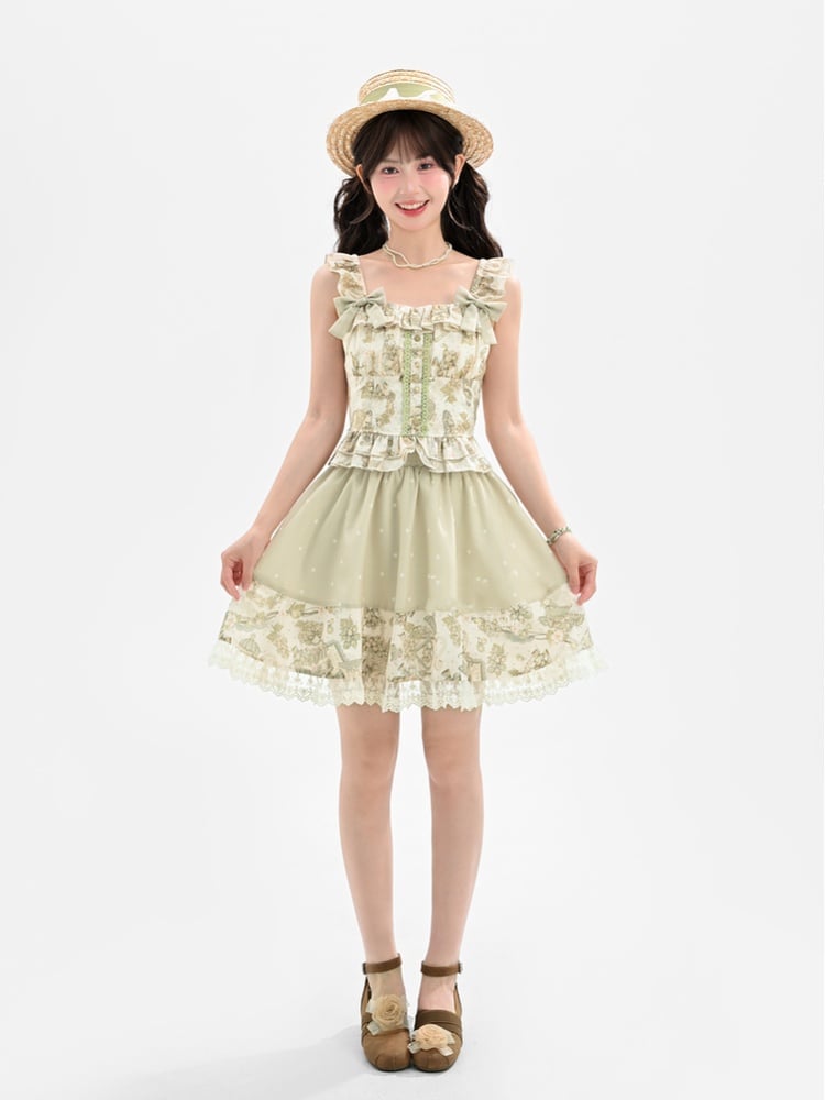 取り外し可能な蝶結び付きライトグリーンのヴィンテージグレーププリントノースリーブトップス