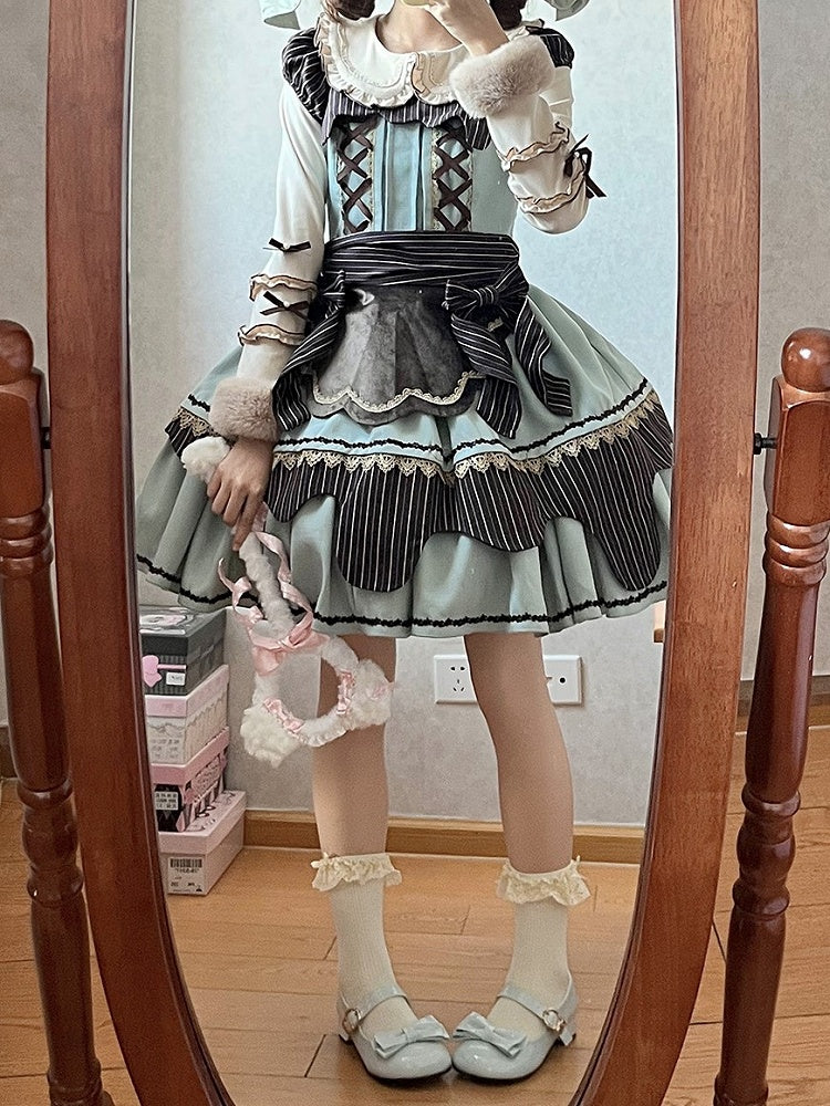Bow Green Mint Chocolate Neckline Dress with Striped Details Lolita Square Sweet
