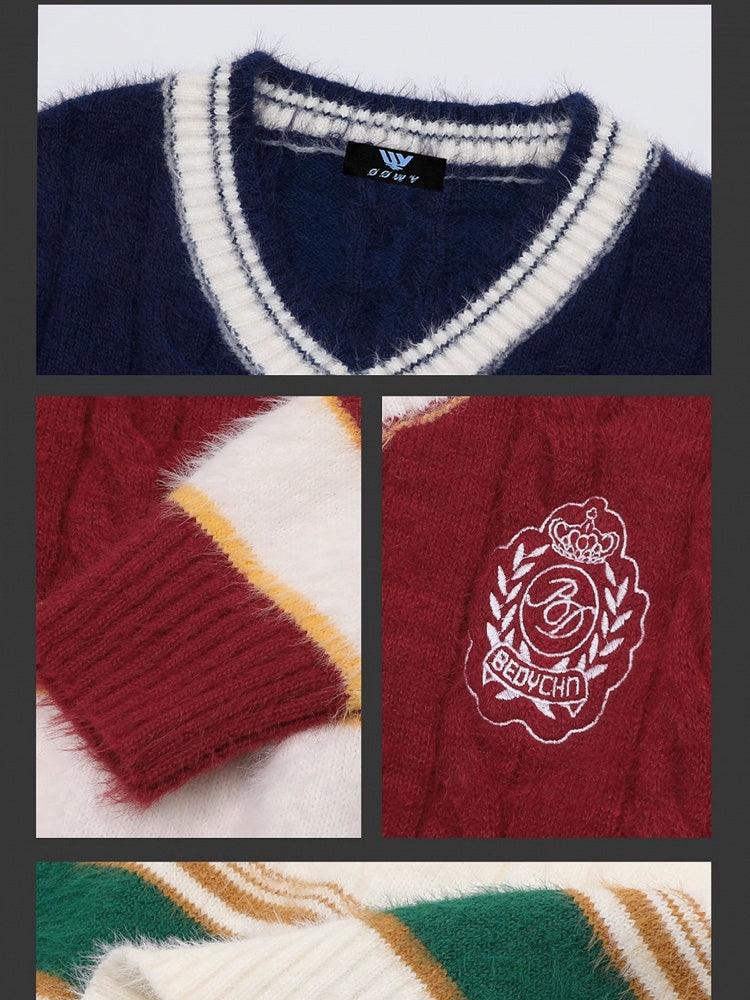 レッド/ブルー/ホワイト Vネック プレッピースタイル ルーズセーター