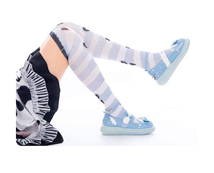 Blue & White Stripes Bow and Heart Print Over Knee Stockings
