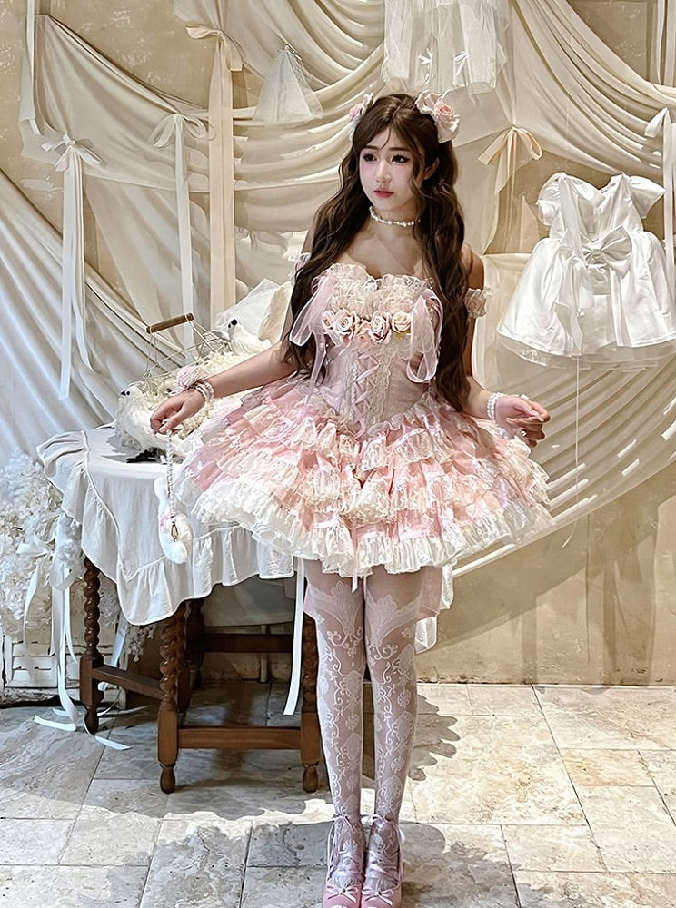 Rose Layered Lace Balletcore Accents Pink Beige Dress with