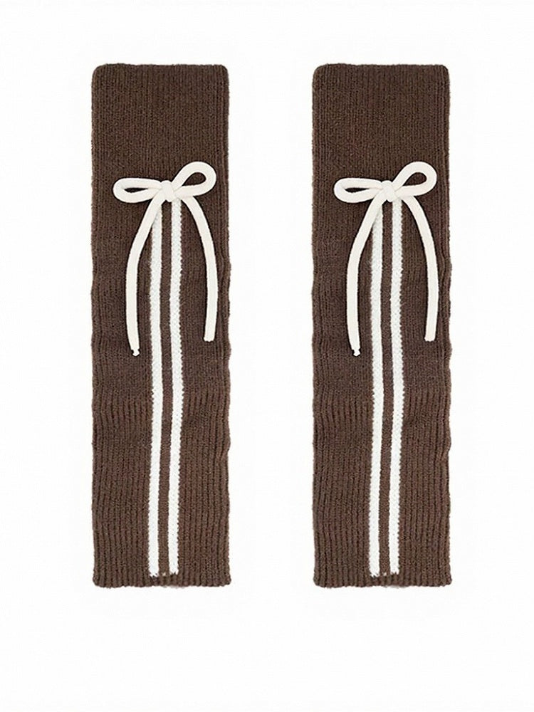Ribbed Leg Warmers with Stripe and Bow Decor - ModaSwings