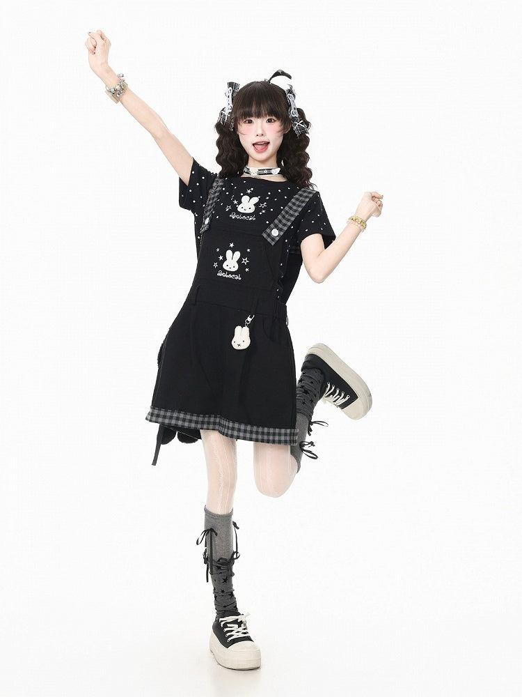 Black Plaid Overall Shorts with Bunny Embroidery - Languid Park