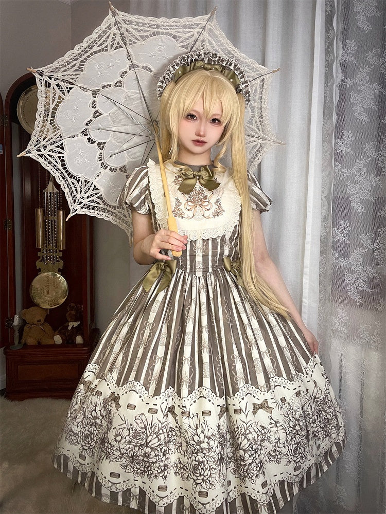 Version Lolita Embroidery Bodice Floral Pattern One and Brown Bowknot Short Striped Piece Classic