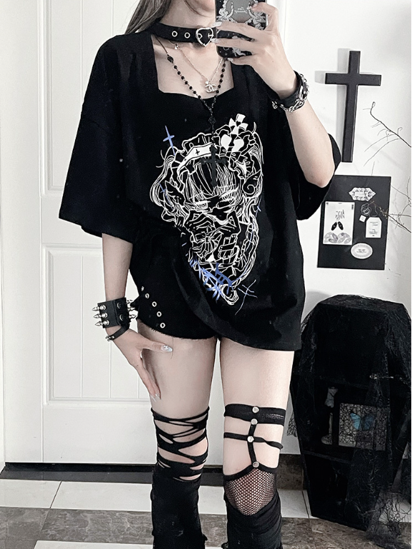 Lace-Up Sleeve Square Neck Black PrintBack Topwith Gothic Short Anime