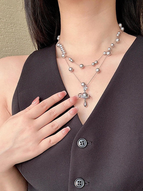 Gray Spaceship Pearl Pendant Necklace