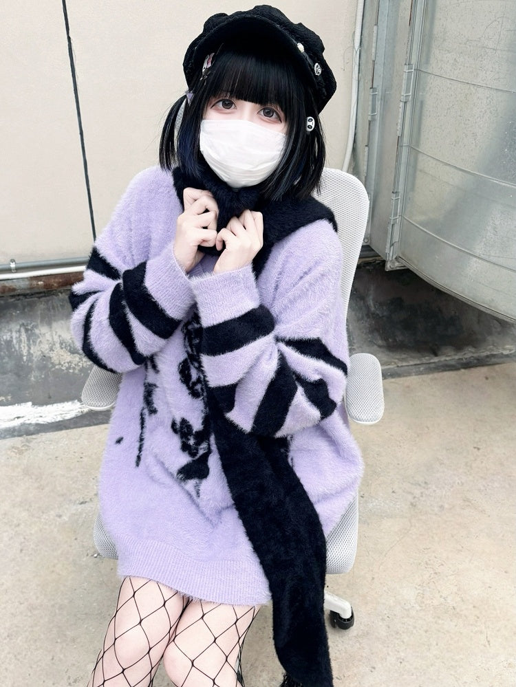 Pattern Sweater and Purple Rose Jirai Striped Oversized Kei Black