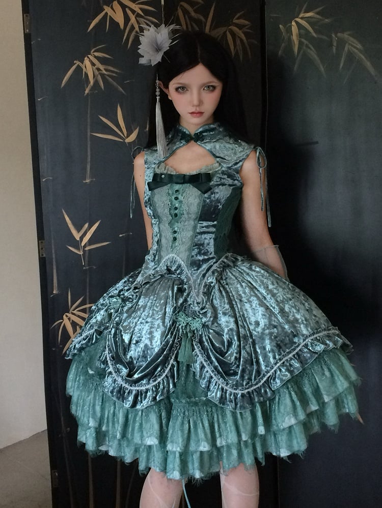 Green Cheongsam Collar Snake Bones Embroidery Velvet Sleeveless Top