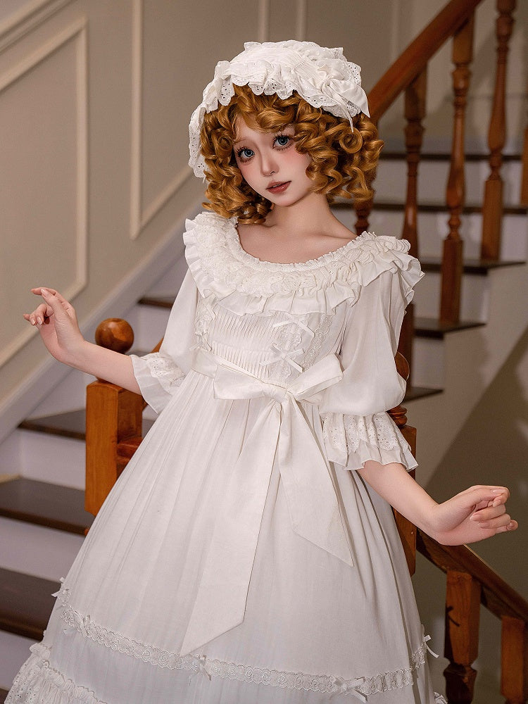 Weißes Lolita-Kleid mit kurzer Taille und hohen Ärmeln