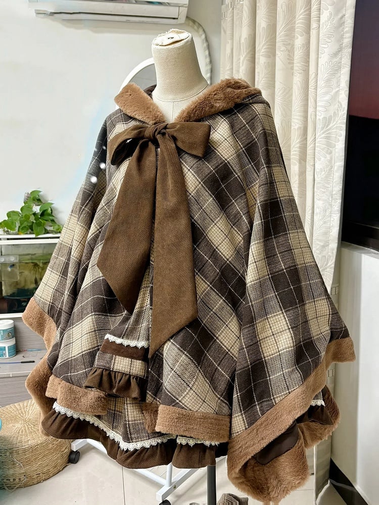 Self-tie Plaid Brown Hooded Reindeer Neckline Bow Big Cape Coat Pattern Christmas
