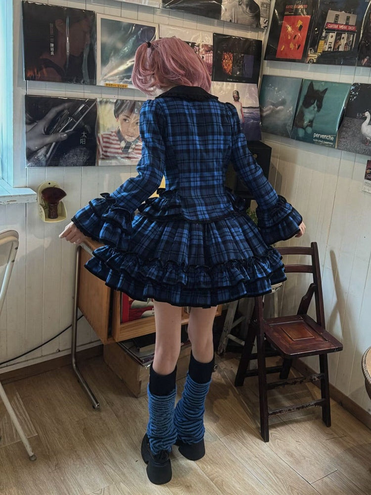 Lapel Notched Set School Blazer + Old Plaid - Lolita Ruffled Skirt Blue