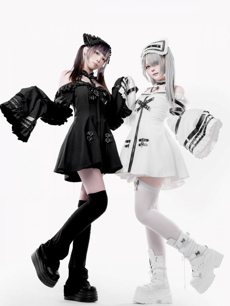 White Halter Flare Long-Sleeve Dress with Leather Straps & Shorts Set - Bunny Rush