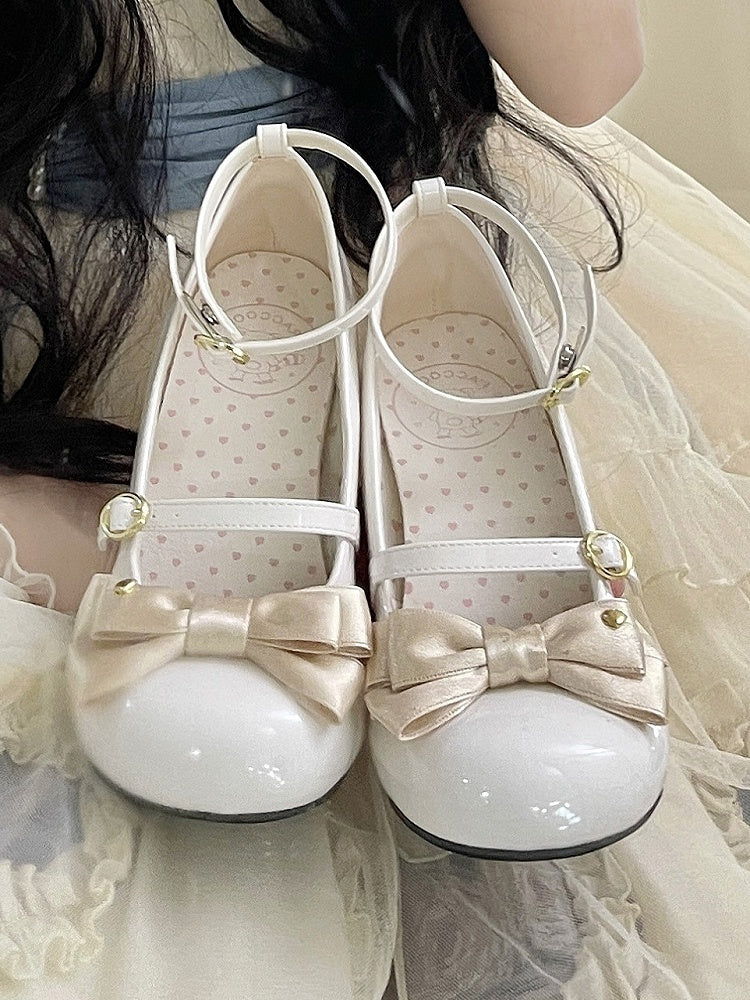 Champagne Sweet Janes White Heel Lolita Block Mary High Heart-Decorated PU Bow in Leather