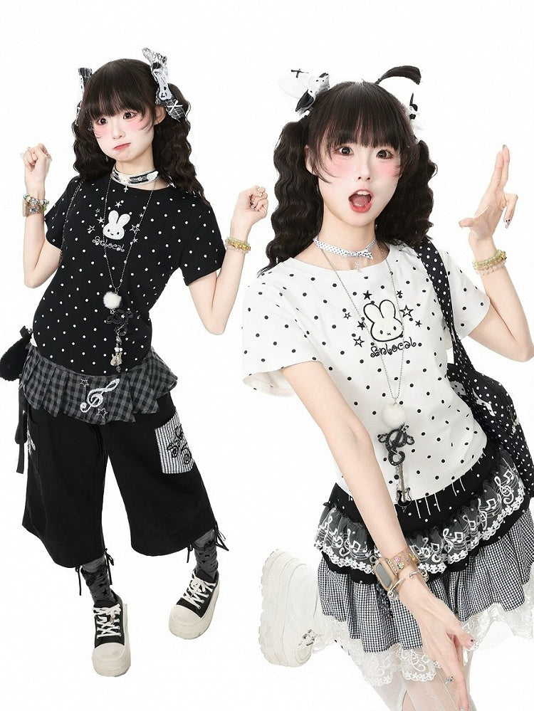 Kawaii White Polka Dot Tee with Rabbit Embroidery - Languid Park