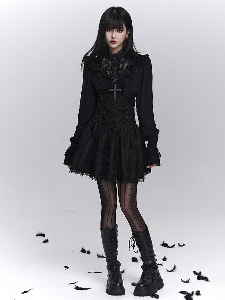 Floral Embroidery A-Line with Skirt Gothic Black Trim Lace