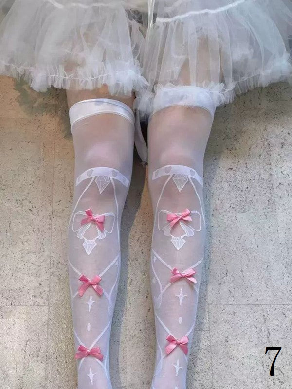 With Black/White/Pink/Blue/Red Lolita Bowknot Options Details Overknee Sweet White/Black Stockings 11