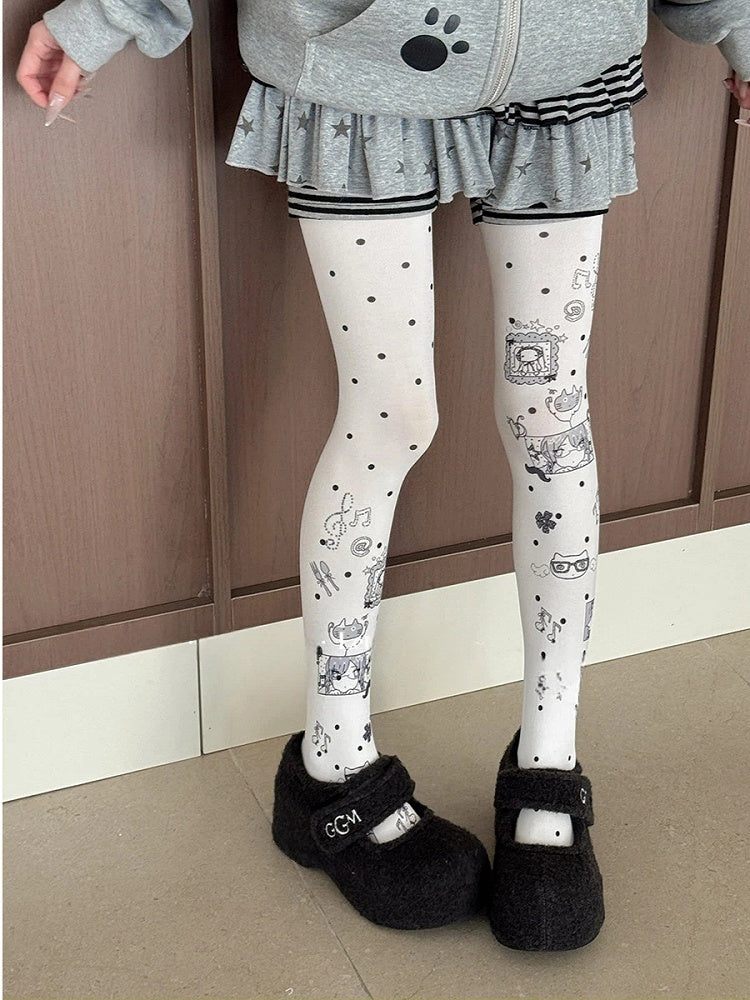Tights Cute Polka Dot Cat Pattern Opaque
