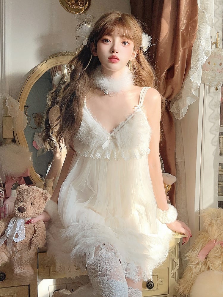 White Faux Fur Accents With Slip Tulle Dress