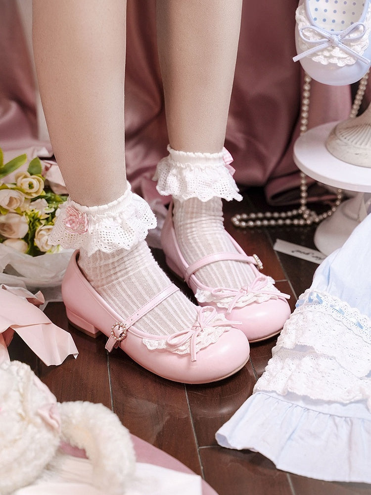 Absätze 2,2 cm/4,3 cm Mary geknotete Spitze Zehen rosa runde Janes Schleife Trim Akzent