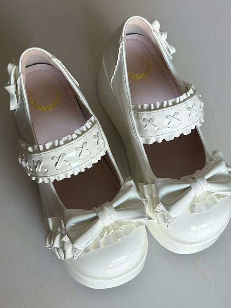 Bow-Topped Monochrome Platform Lolita Round Toe Shoes with Cross Accent - Fairy Godmother