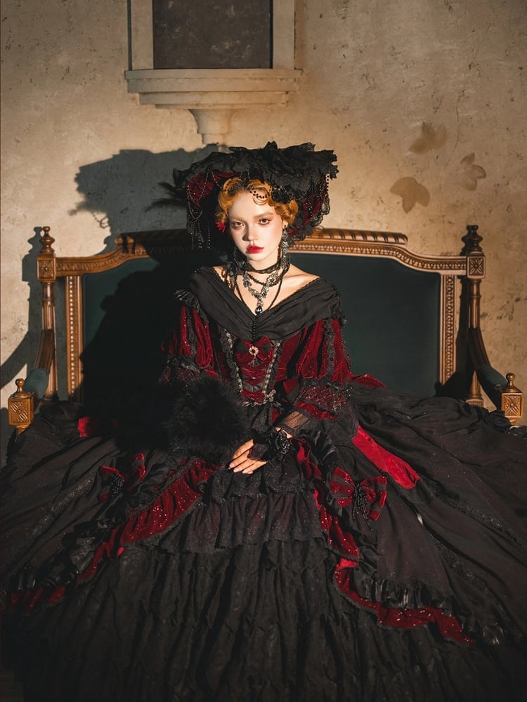 and Shimmering OP Full Set Gorgeous Black High-low Lolita Velvet Hanayome Red Dress