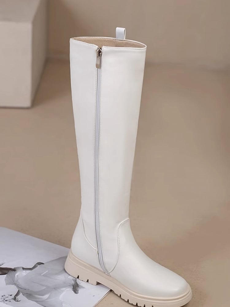 Closure White Knee-high Zip Boots Regular/Thicken PU Version Leather Inner with -
