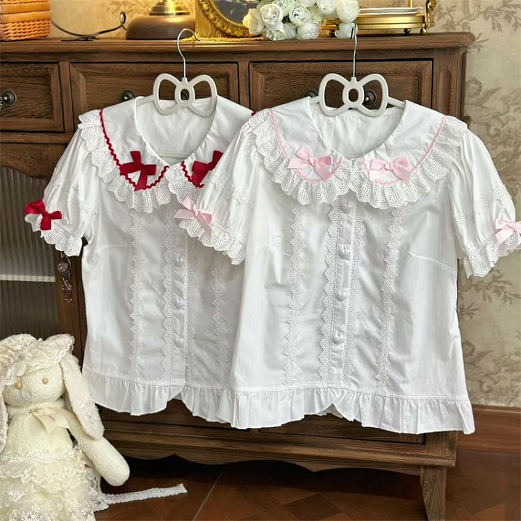and Trim Peter Lace Pink with Lolita Short-Sleeve Details Collar Pan Blouse Bow