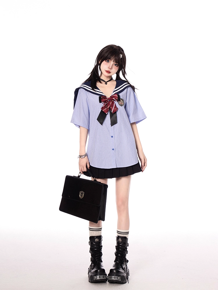 Shirt Free JK Uniform Sailor Collar Blue Striped Short with Sleeves Bowtie