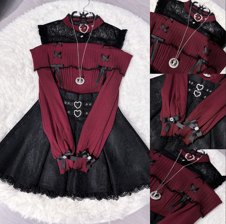 Kei Jirai Red Illusion Design Buckle Sweater: Wine Shoulder with Neckline Knit Open