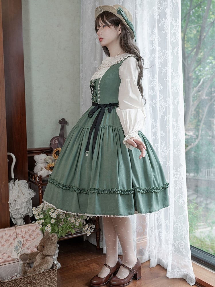 Green Elegant Classic Lolita JSK Dress with Ruffled Front Placket and Lace Trim