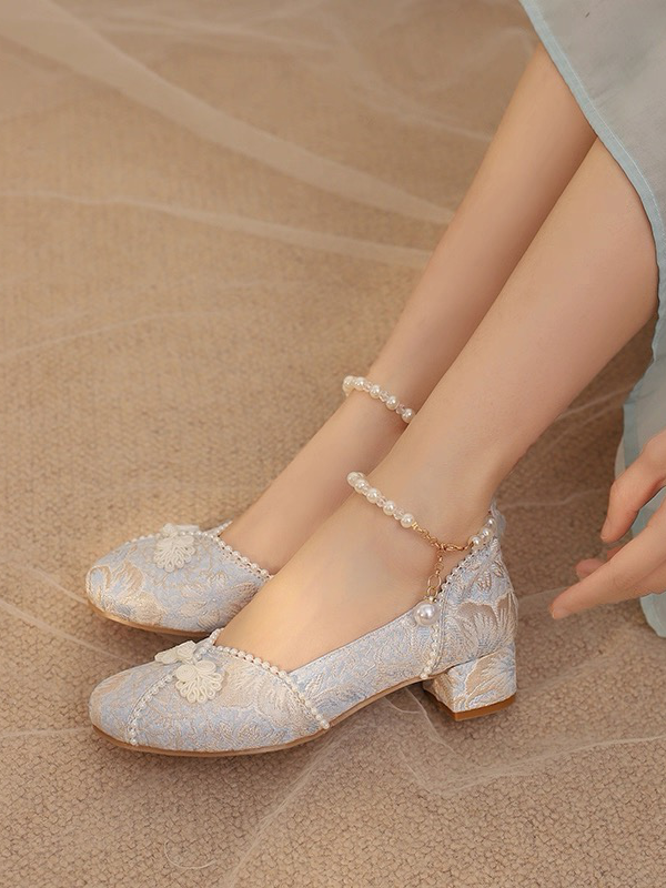 Knopf - Details Satin Perlen Akzent Lolita Qi Mittelblau Heels Frosch