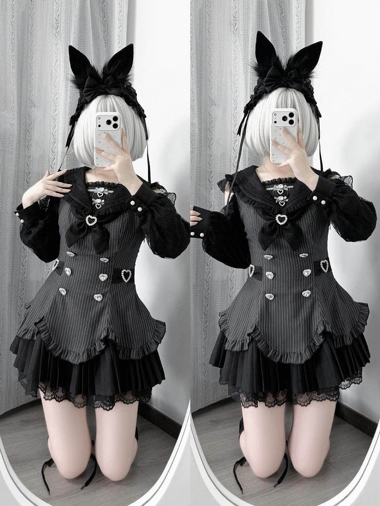 Striped Jirai Kei Two-Piece Set with Sailor Collar Cutout Shoulder Pleated Dress and Shorts in Black - Broken Bear